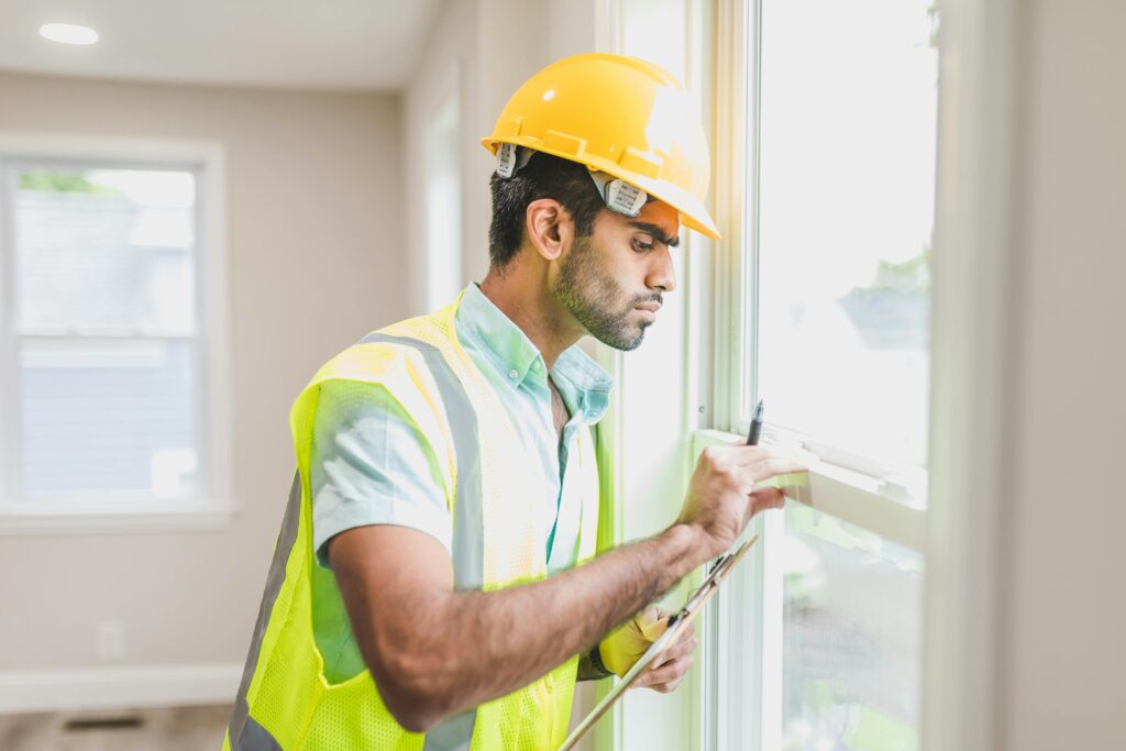 pexels photo 8293699 8293699 Construction worker with hard hat and vest inspecting window indoors, side view.